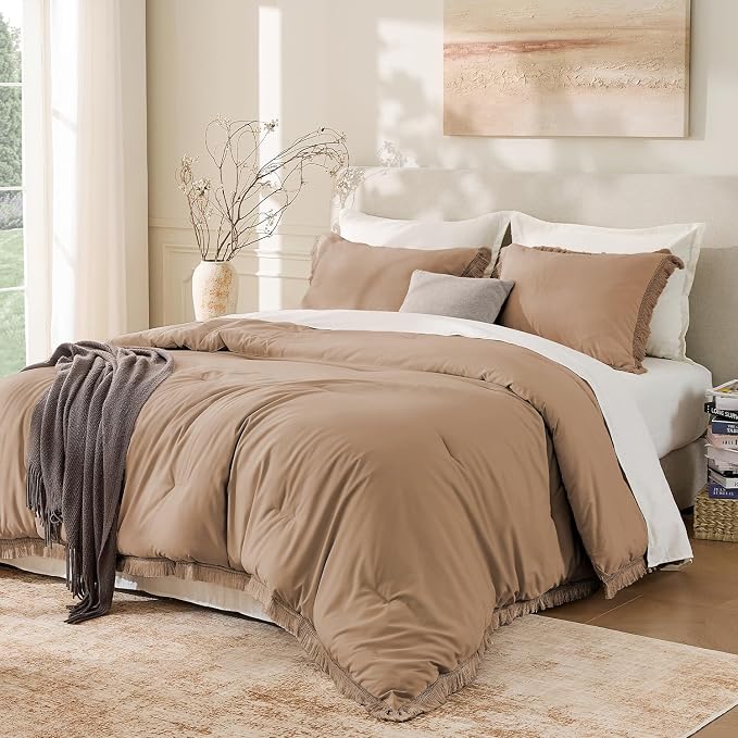 Andency Taupe Comforter Set Queen, 3 Pieces Boho Tassel Lightweight Bedding by Andency