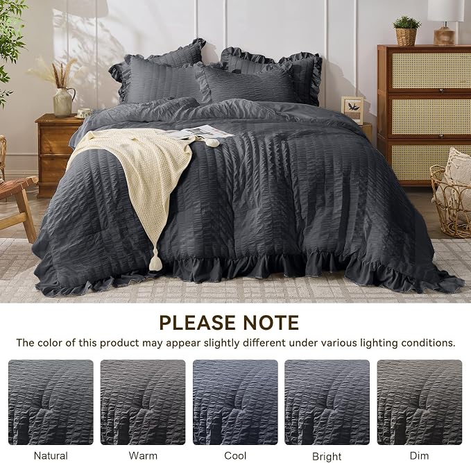 JOLLYVOGUE Dark Gray Queen Comforter Set, 3 Pieces Seersucker Bedding Comforter - Image 9