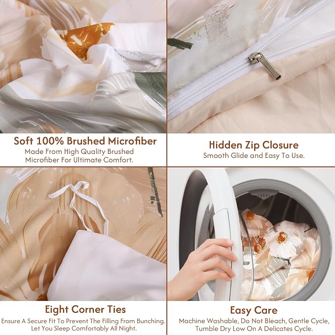 LONAVA Queen Flower 3 Pcs Duvet Cover Set, Breathable Soft Microfiber Biege - Image 7