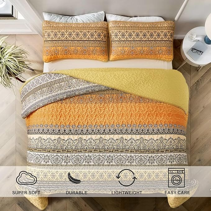 WONGS BEDDING Boho Queen Quilt Set, Lightweight Microfiber Bed Decor Bedspread - Image 3