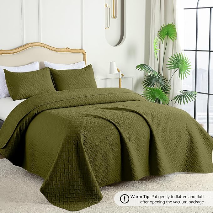 FLYMME Twin Quilt Set, Lightweight Olive Green Bedspreads, Basket Weave Pattern - Image 2