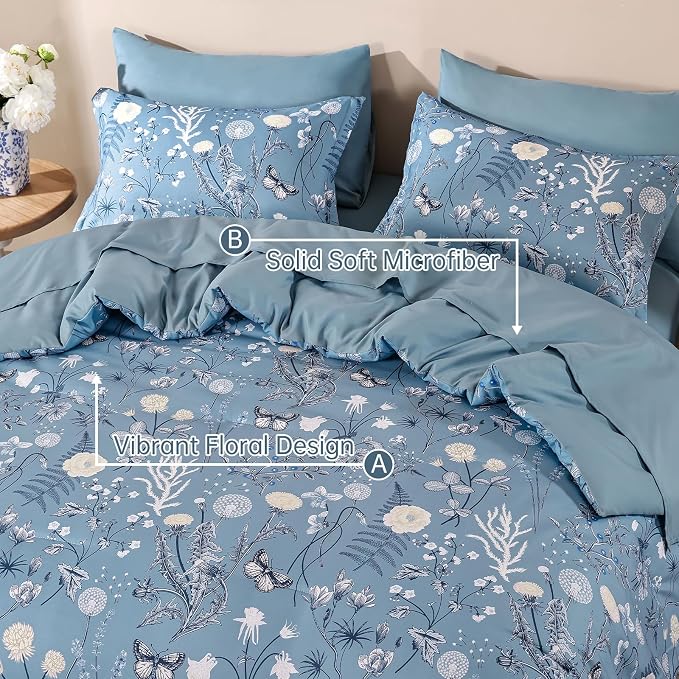 Yiran Blue Comforter Set Queen Size, 7 Piece Floral Comforter Bedding Set - Image 5