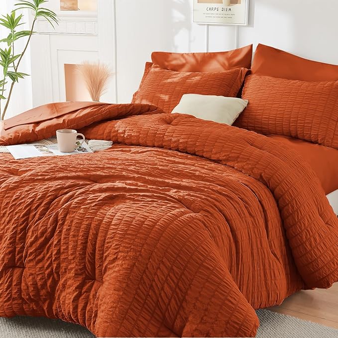 HYMOKEGE Burnt Orange Twin XL Comforter Set Seersucker 5 Pieces, All Season - Image 7