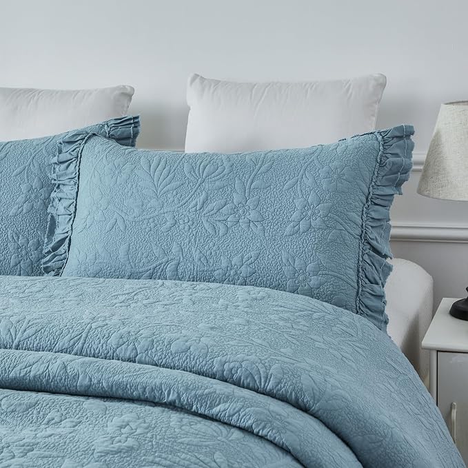 Brandream Luxury 100% Cotton Quilt Set King Size Blue Floral Vine Matelasse - Image 3