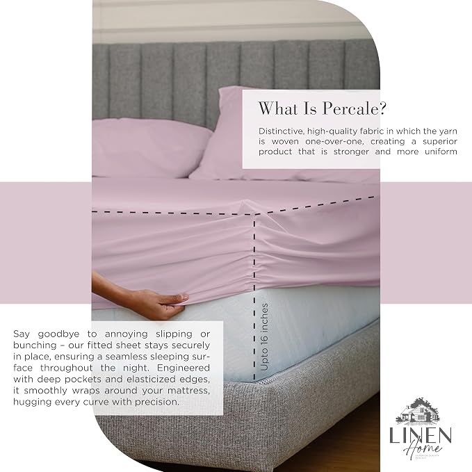 Linen Home 100% Cotton Percale Sheets King Size, Mauve Lavender, Deep Pocket - Image 4