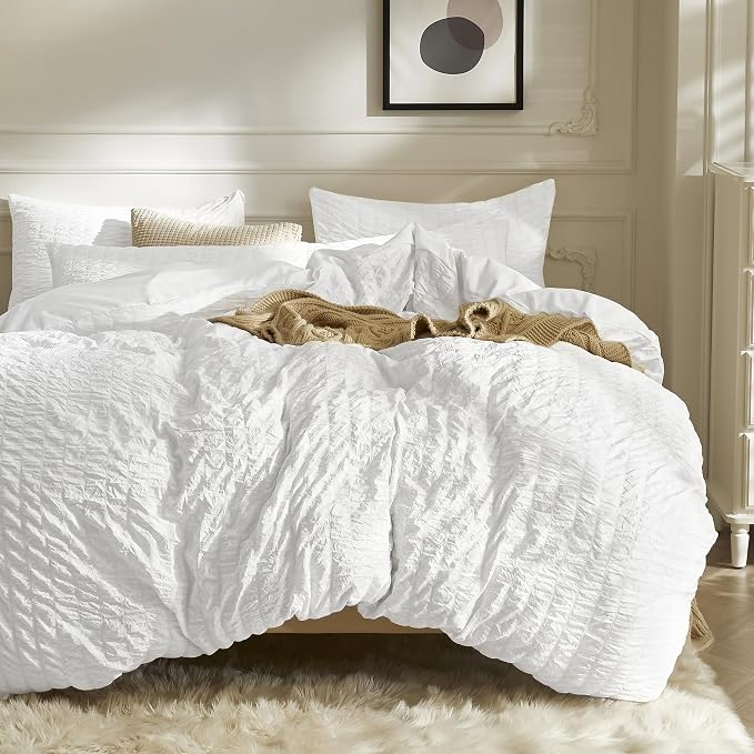 JELLYMONI Bright White Duvet Cover Queen Size, Soft Breathable Seersucker Duvet by JELLYMONI