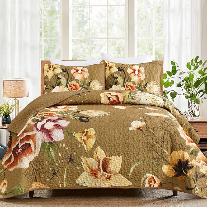 Drucon Brown Floral Quilt Set Queen Size 3 Pieces Brown Botanical Flower Quilt by DRUCON
