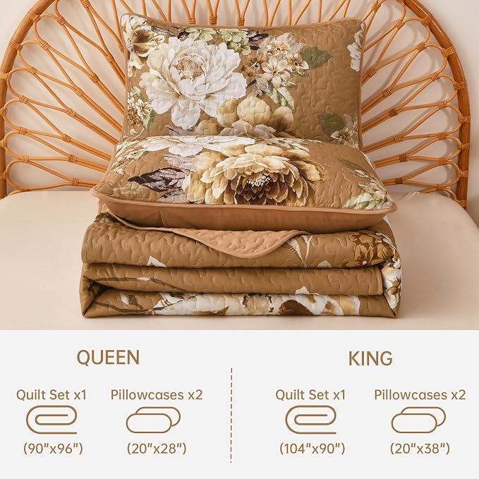 WONGS BEDDING Brown Floral Quilt Set King, 3 Pieces Reversible Lightweight - Image 7