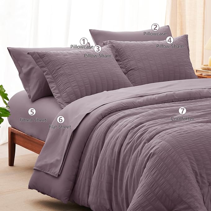 CozyLux Queen Comforter Set Dusty Purple Seersucker 7 Pieces Bed in a Bag Queen - Image 8