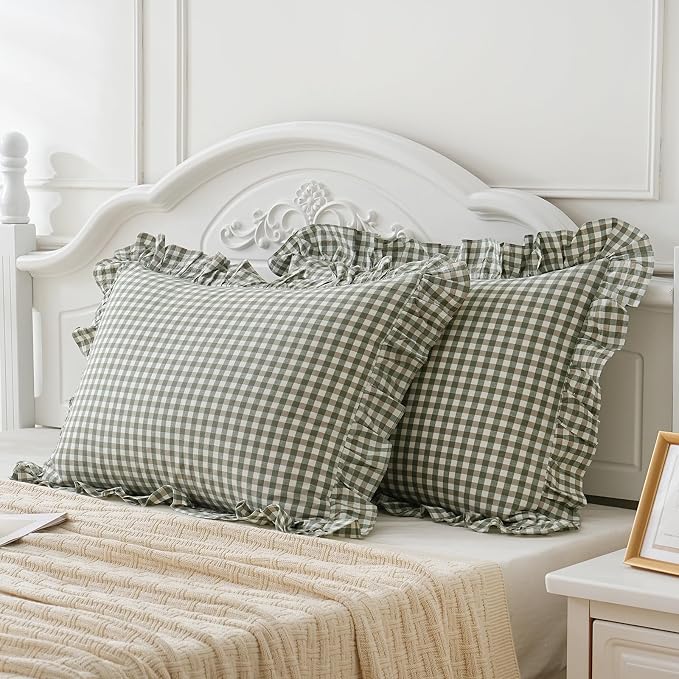 2 Pack Sage Green White Plaid Ruffle Pillow Shams Standard Size 20x26 inches - Image 3