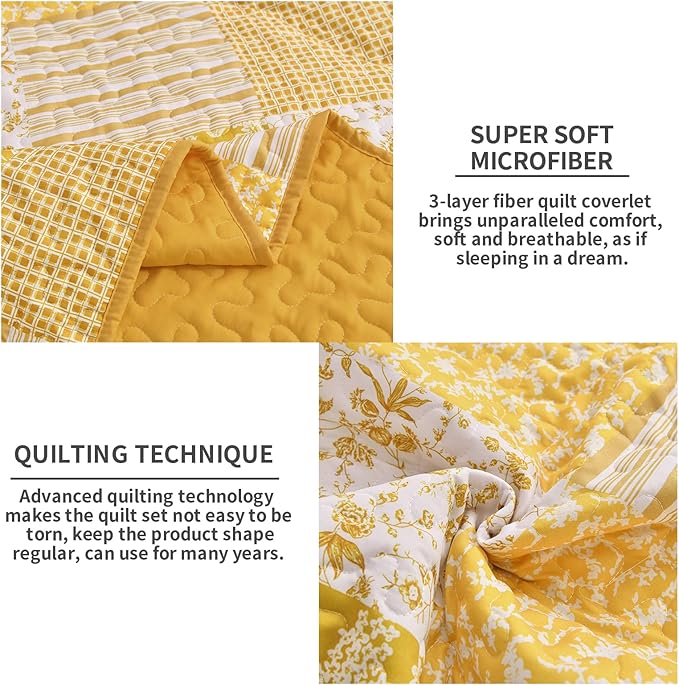 Mybedsoul Yellow Boho Quilt Set King Size, 3 Pieces Plaid Floral Bedspread - Image 3