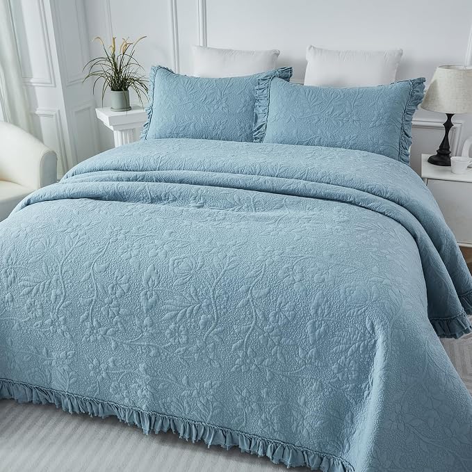 Brandream Luxury 100% Cotton Quilt Set Queen Size Blue Floral Vine Matelasse - Image 6