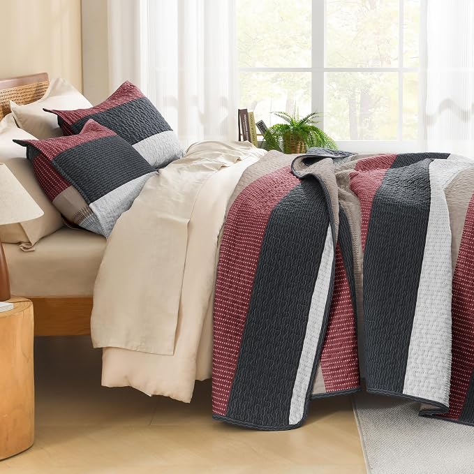 Litanika Quilt King Size Black and Red, Stripe Patchwork Summer Bedspread - Image 2