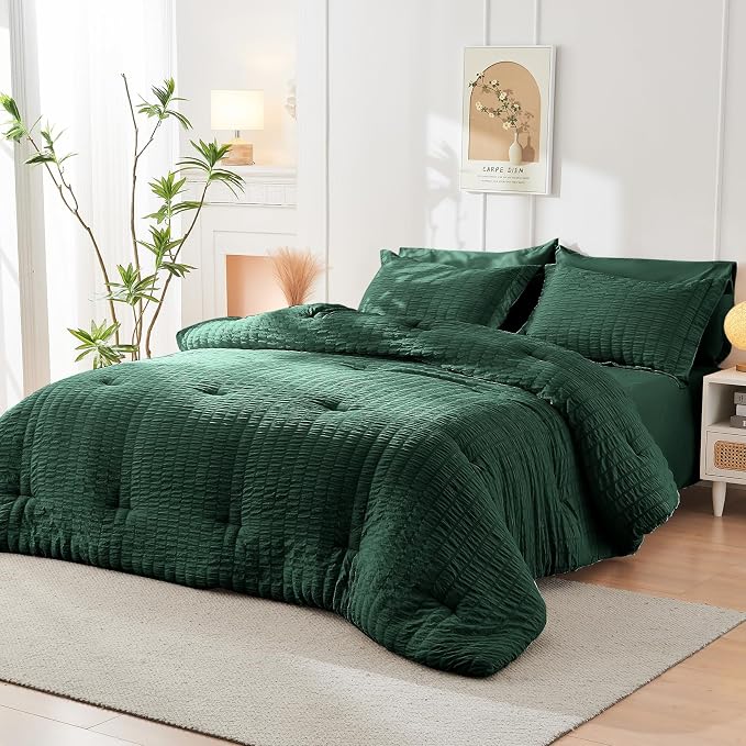 HYMOKEGE Emerald Green Queen Comforter Set Seersucker 7 Pieces, All Season - Image 8