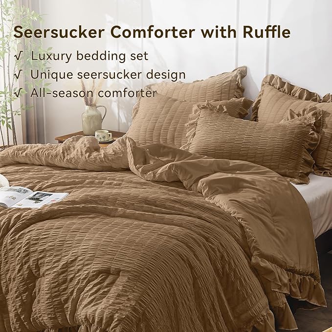 JOLLYVOGUE Twin Size Comforter Set, 2 Pieces Oak Brown Seersucker Lightweight - Image 3