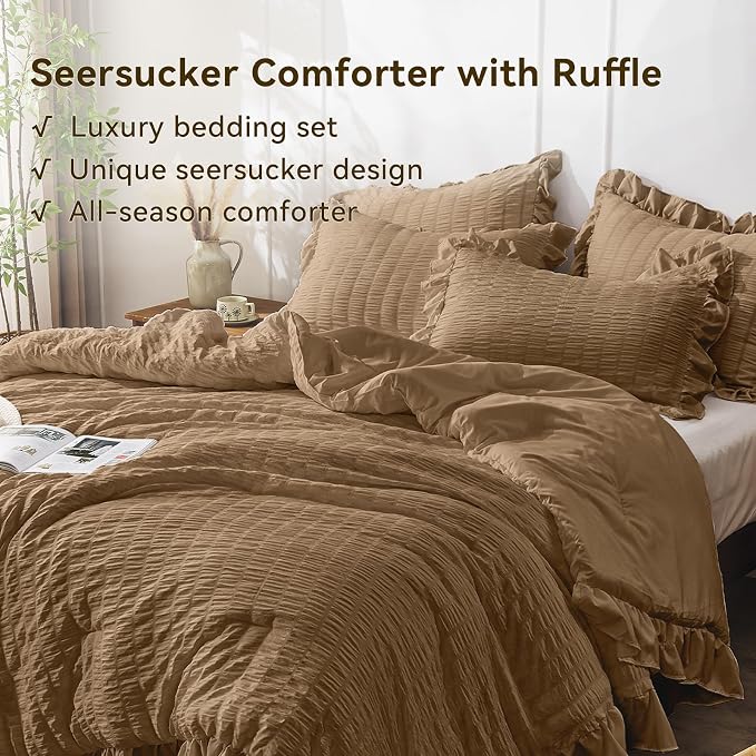 JOLLYVOGUE Queen Comforter Set, 3 Pieces Oak Brown Seersucker Comforters Queen - Image 3