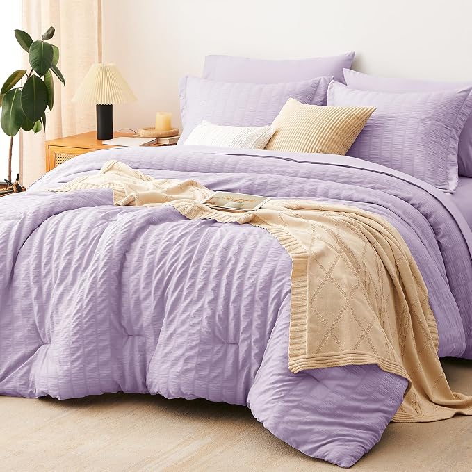 CozyLux King Size Comforter Set Light Purple Seersucker 7 Pieces Bed in a Bag by CozyLux