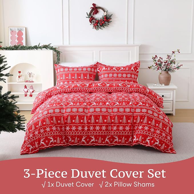 JSD Red Christmas Duvet Cover Set Queen Size, 3 Piece Snowflakes Reindeer - Image 4