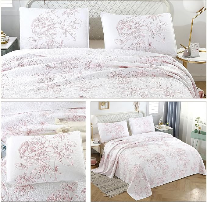 ROOMLIFE Quilt Set Full Size 3D Floral Embroidery Pattern 3-Piece Cotton - Image 7