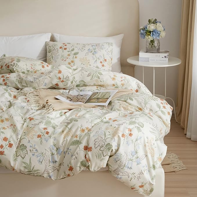 mixinni Floral Duvet Covers King Size Botanical Flower Leaf Printed on White - Image 3