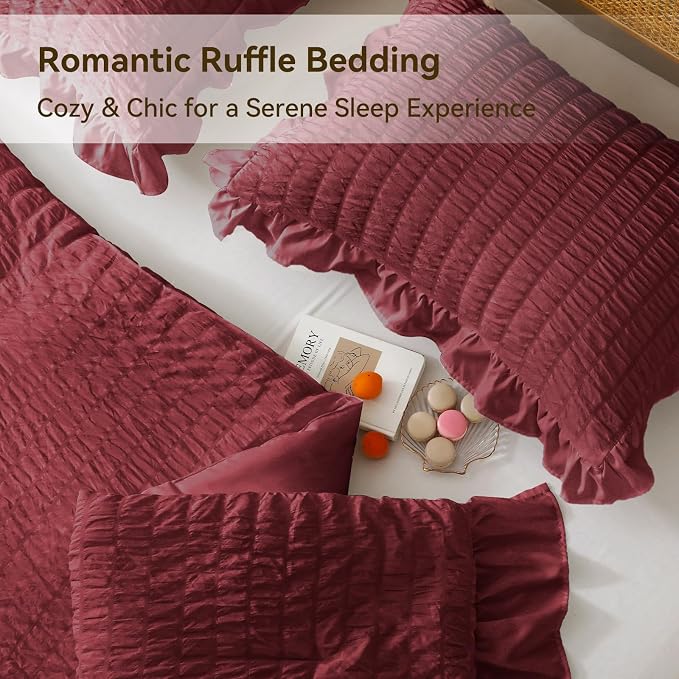 JOLLYVOGUE King Size Comforter Set, 3 Pieces Burgundy Seersucker Comforters - Image 4