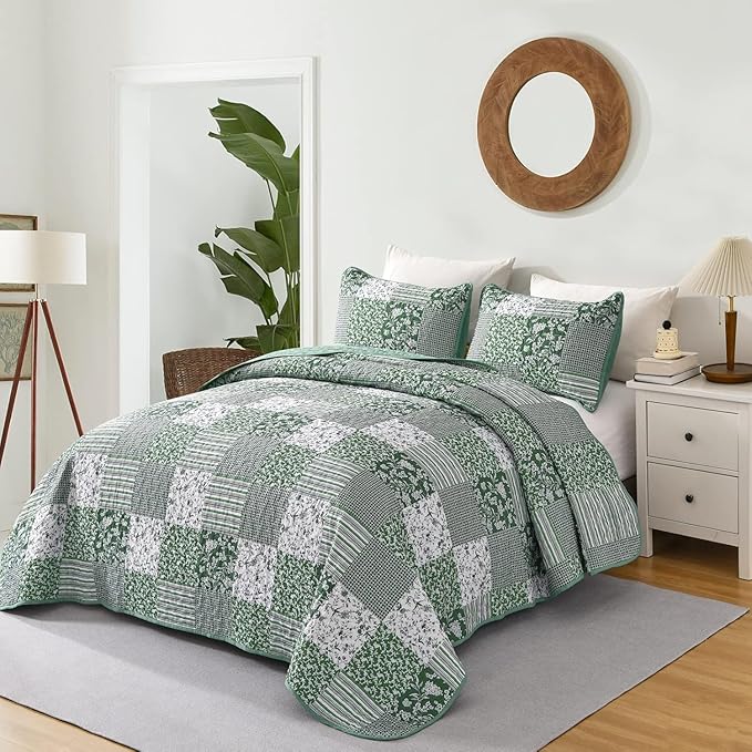 Mybedsoul Green Quilt Set Twin Size, 2 Pieces Plaid Floral Bedspread Set - Image 2
