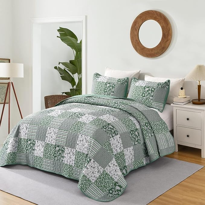 Mybedsoul Green Quilt Set Full Size, 3 Pieces Plaid Floral Bedspread Set - Image 2