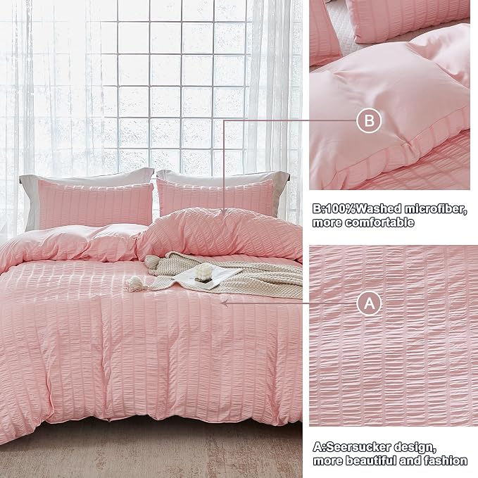 AveLom Blush Pink Seersucker Duvet Cover Set Full Size, 3 Pieces, Ultra Soft - Image 5