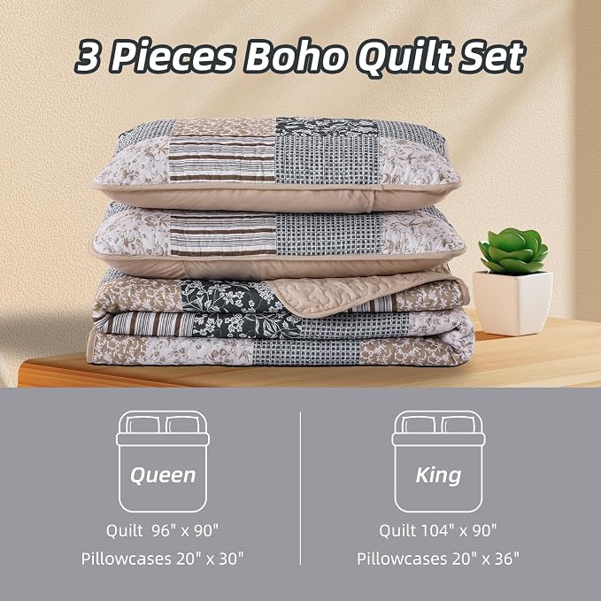 Mybedsoul Patchwork Quilt Set Queen Size, 3 Pieces Blue Brown Floral Plaid - Image 7