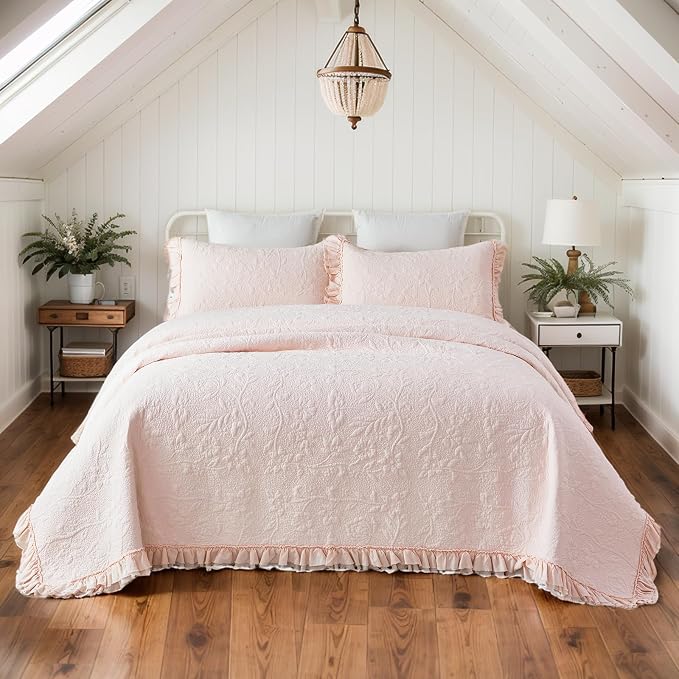 Brandream Queen Size Quilt Set Cotton Light Pink Quilts Shabby Chic Bedding - Image 5