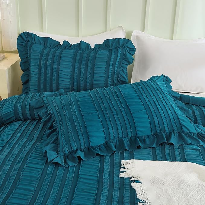 WONGS BEDDING Teal Comforter Set King, 3 Pieces Ruffle Farmhouse Shabby Chic - Image 5