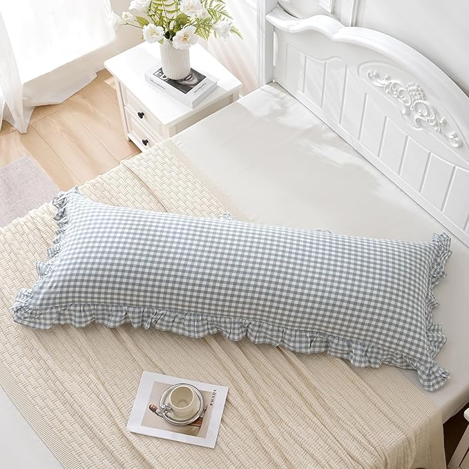 Blue White Plaid Ruffled Body Pillow Sham Washed Cotton Shabby Checkered - Image 4