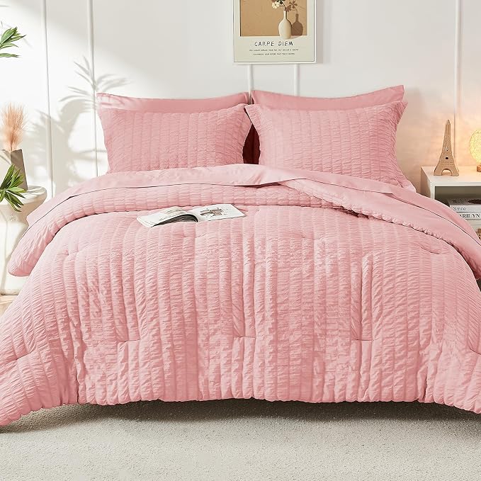 HYMOKEGE Rose Pink Twin Comforter Set Seersucker 5 Pieces, All Season Luxury - Image 8