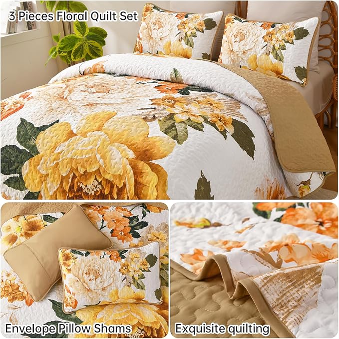 WONGS BEDDING Yellow Floral Quilt Set King, 3 Pieces Reversible Lightweight - Image 5