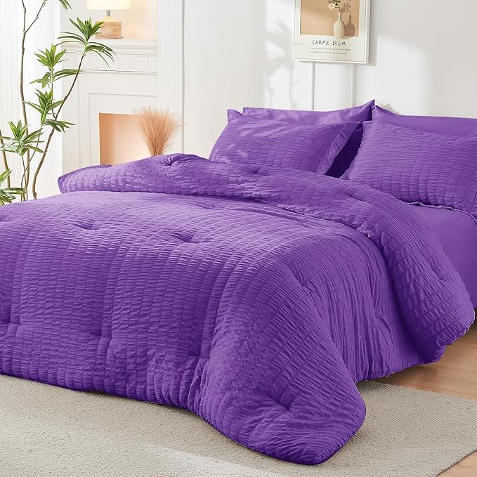 HYMOKEGE Bright Purple Full Size Comforter Sets Seersucker 7 Pieces, All Season - Image 8