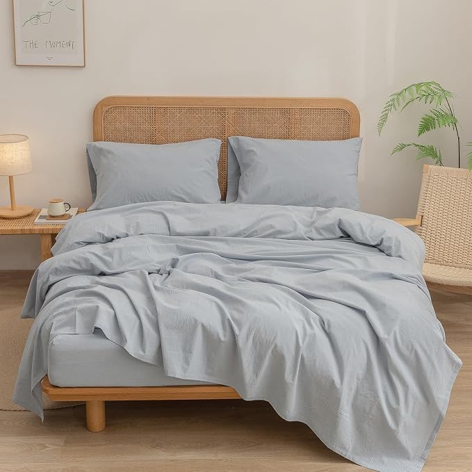 BESTOUCH Flat Sheet Only 100% Washed Cotton Linen Feel Wrinkle-Free, - Image 2