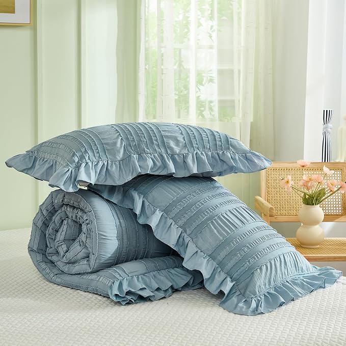 WONGS BEDDING Blue Comforter Set Queen, 3 Pieces Ruffle Farmhouse Shabby Chic - Image 7