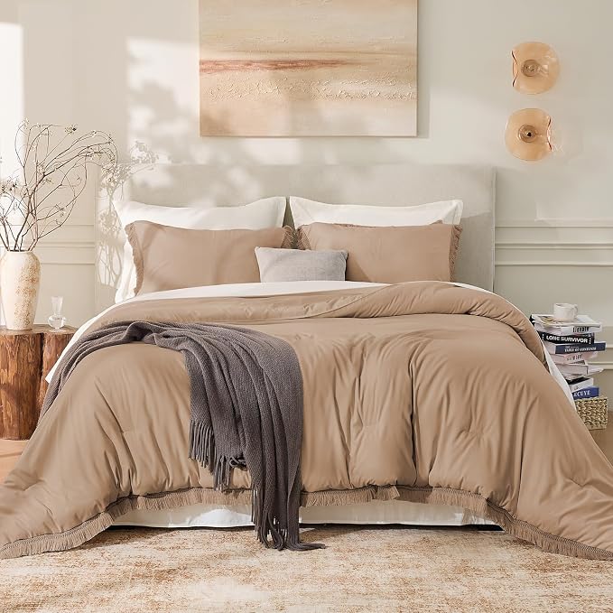 Andency Taupe Comforter Set King Size, 3 Pieces Boho Tassel Lightweight Bedding - Image 2