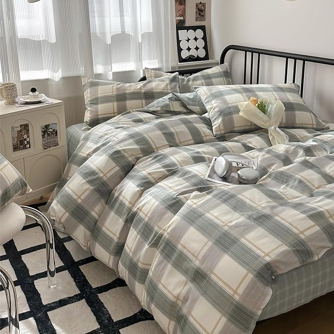 mixinni Green Grid Duvet Cover Set Queen by mixinni