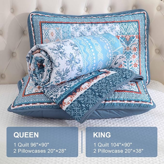 WONGS BEDDING Blue Quilt Set Queen Size, Bohemian Patchwork Bedspread Coverlet - Image 6