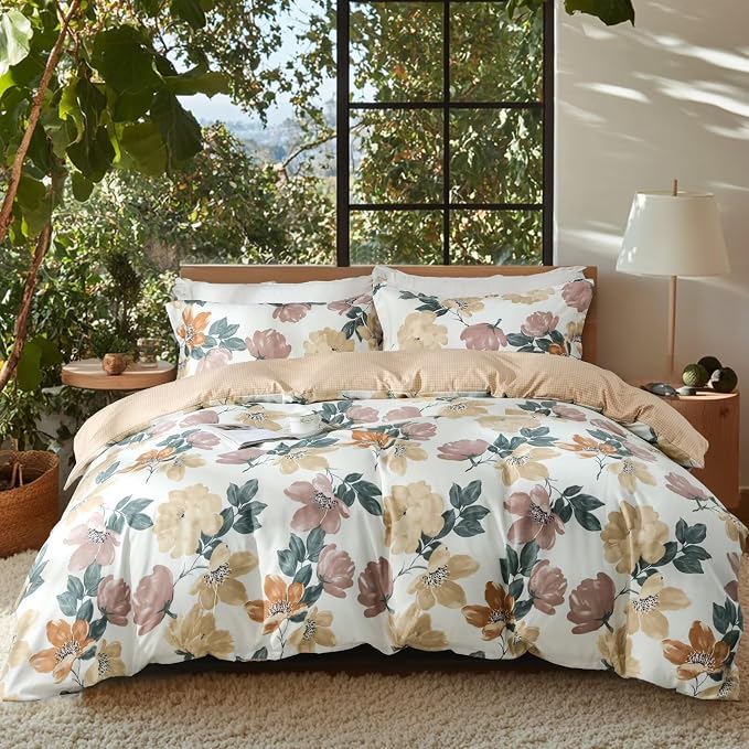 OAITE Duvet Cover King Size, Reversible Blooming Flower Orange Duvet Cover Set by OAITE