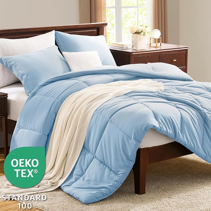 CozyLux Oversized King Comforter Set, 3 Pieces Baby Blue 120x98 Box Stitched - Image 3