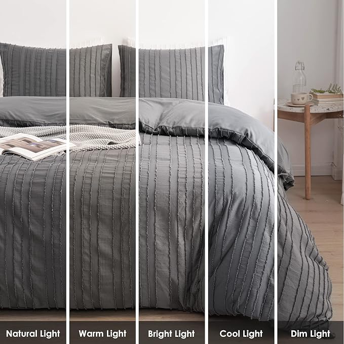 WARMDERN Gray Boho Duvet Cover Set King Size, Striped Textured Duvet Cover - Image 7