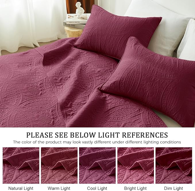 akkialla Burgundy Full/Queen Quilt Set, Ultrasonic Lightweight Bedspread - Image 5