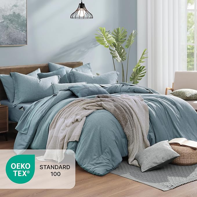Monbix Full Size Comforter Set-7 Pieces Dusty Blue Cationic Dyeing Bed in a Bag - Image 2