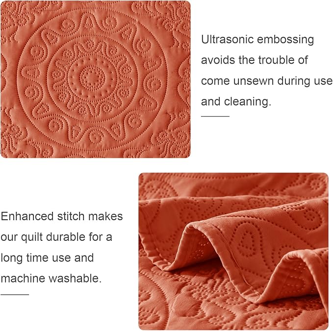 WURUIBO Burnt Orange Quilt Set King/Cal King Size, Embossing Microfiber - Image 5