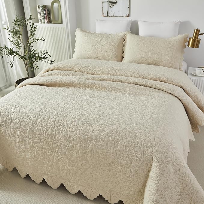 Brandream Queen Size Quilt Set Cotton Beige Quilts Luxury Farmhouse Bedding Set - Image 2