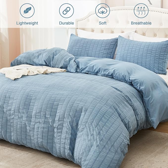 AveLom Seersucker Duvet Cover Set Queen Size Grayish Blue, 3 Pieces, Soft - Image 2