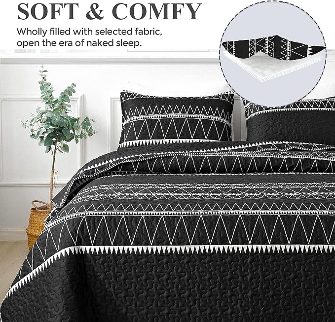Andency Black California King Quilt Set, 3 Pieces Boho Lightweight Soft Striped - Image 3