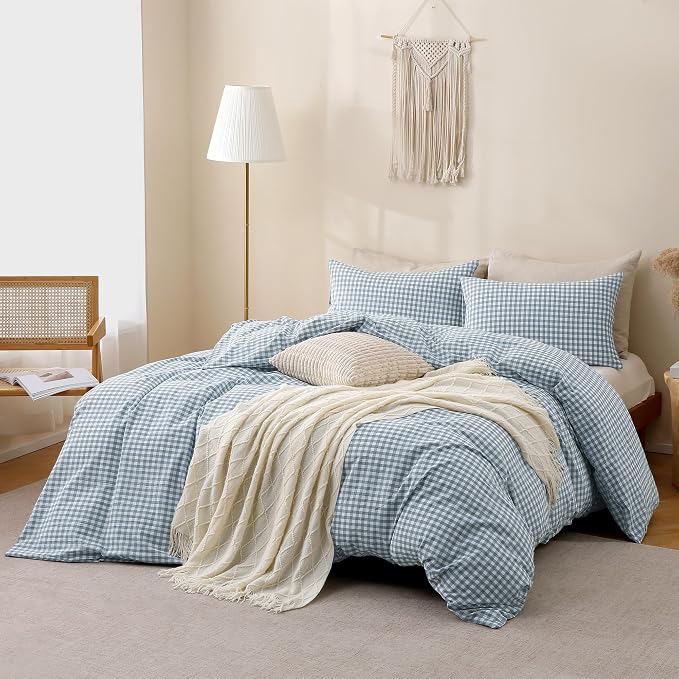 TOCOMOA Blue Gingham Duvet Cover Bedding Set 100% Washed Cotton Like Linen Feel - Image 2